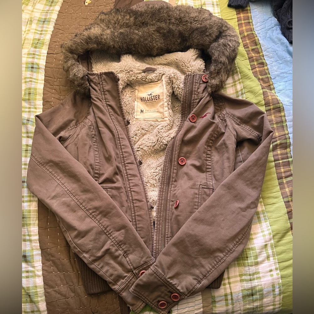 Hollister Tan Jacket with Faux Fur Trim